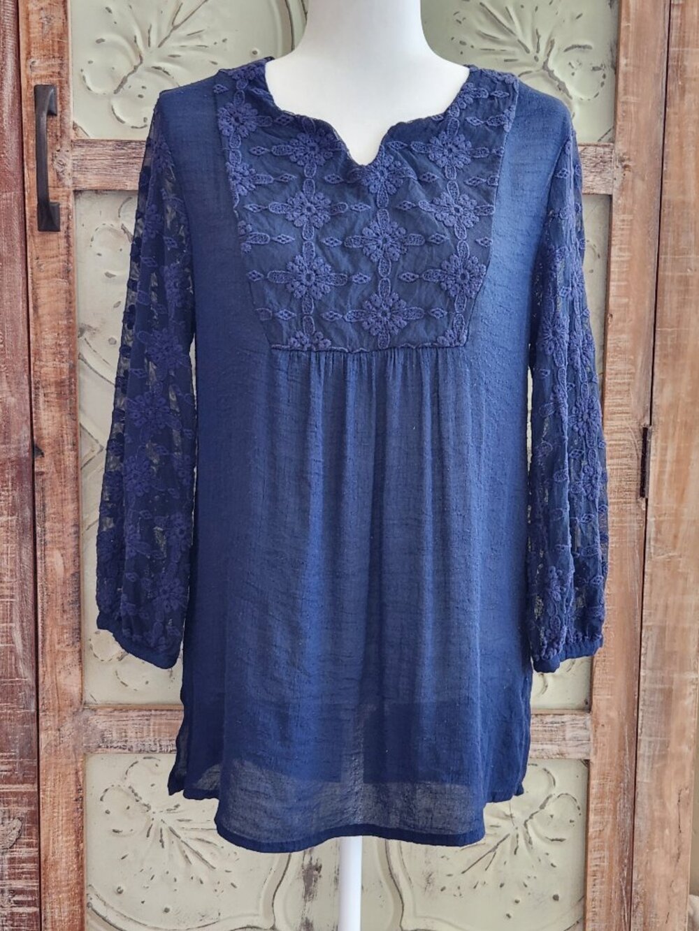 Indigo Soul Lightweight Sheer Navy Blue Blouse with embroidered lace | Medium
